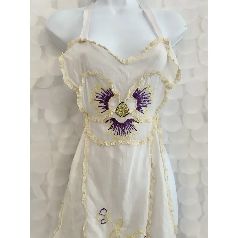 VTG 40’s Apron HALTER EMBROIDERED SHEER Hostess SEXY Floral PANSY Lace Ribbons